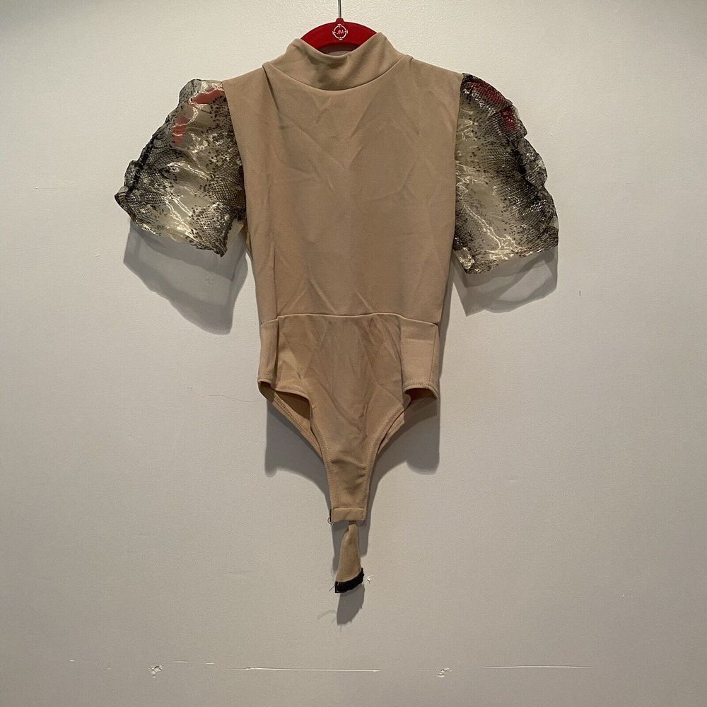 NWT Pretty Little Thing Nude Crepe High Neck Snakeskin Organza Bodysuit Size 2 - Picture 2 of 6